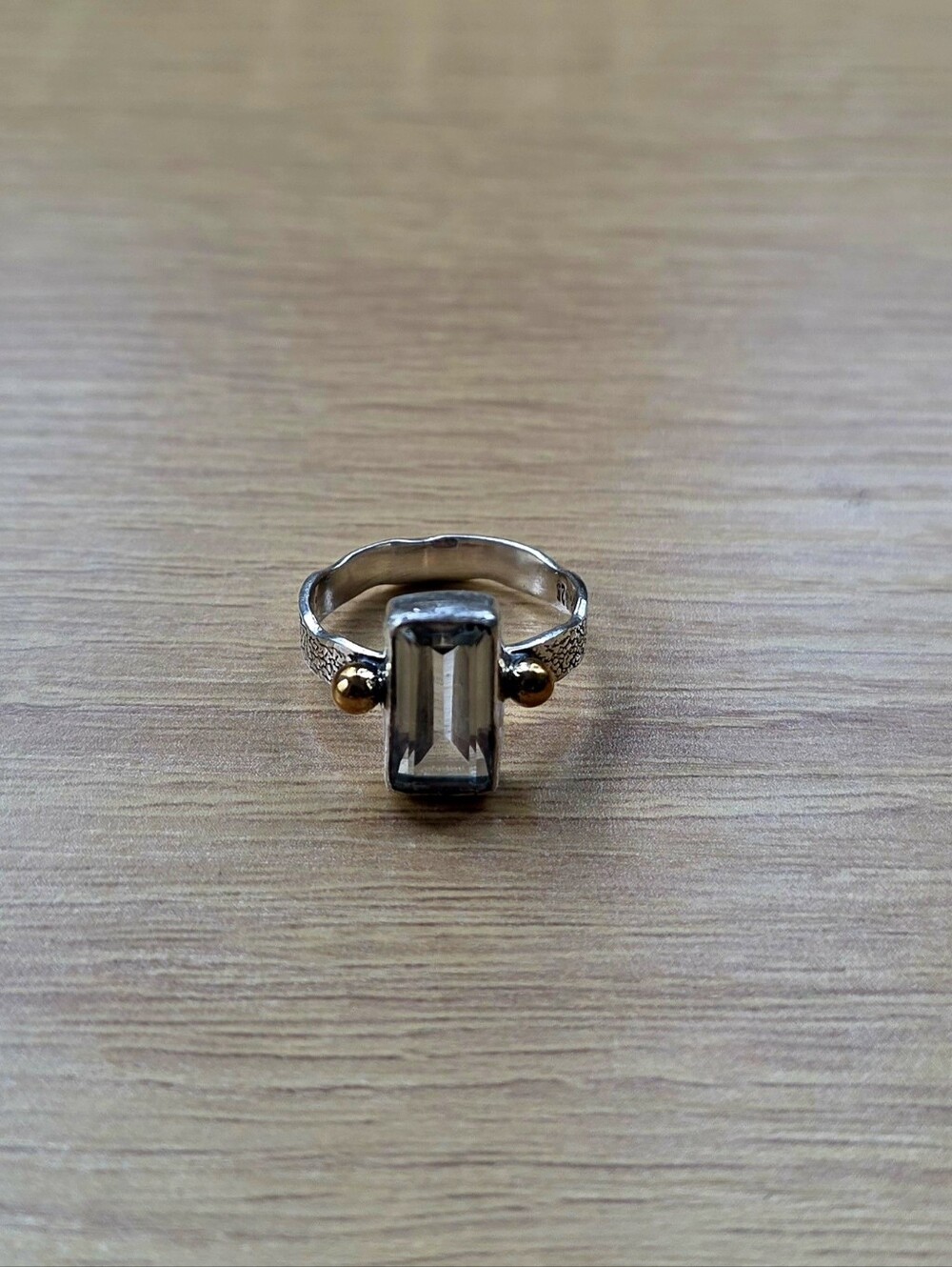 Sterling Silver 925 Ring with Rectangular Gray Gem and Gold Accent